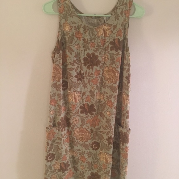 Green floral linen sack dress w/pockets! - Picture 1 of 2